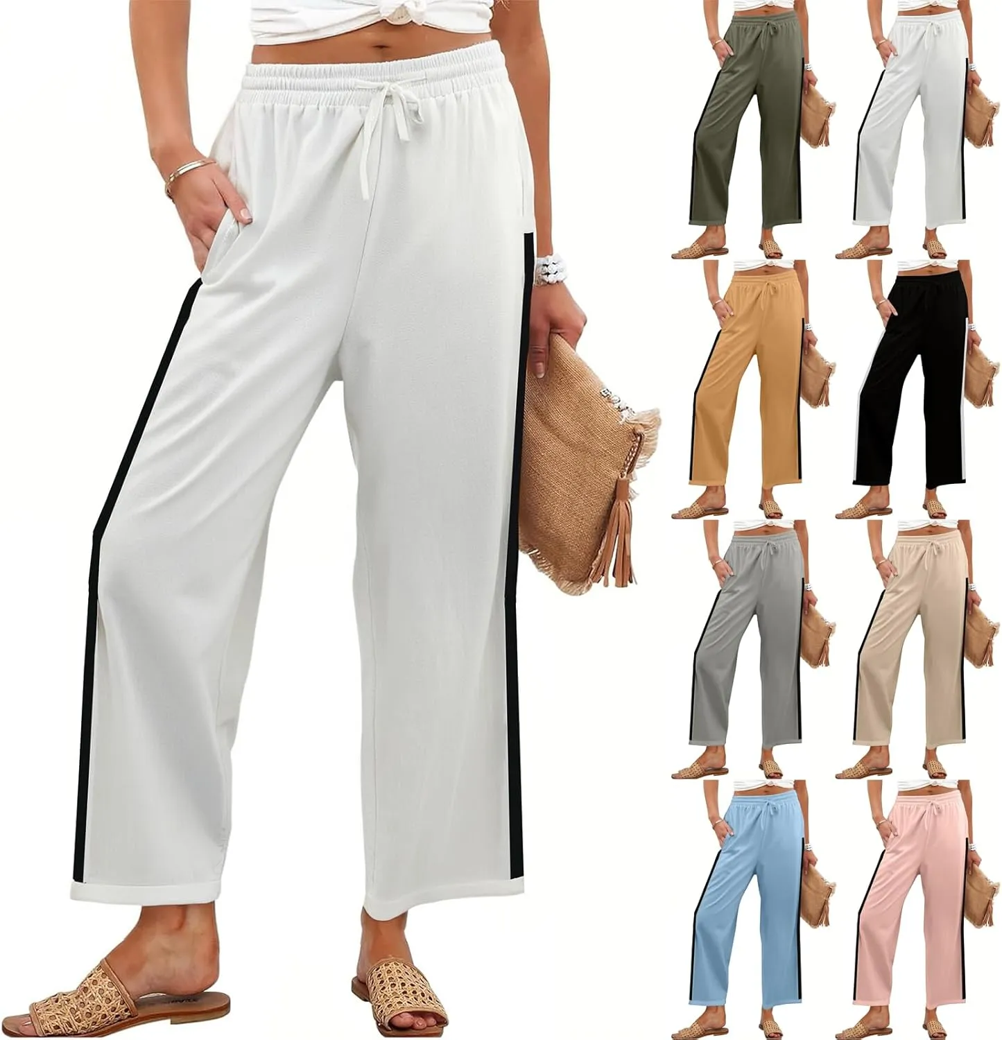 Wide Leg Cropped Pants for Women High Waisted Linen Palazzo Pants Drawstring Ankle Length Beach Pant with Pockets