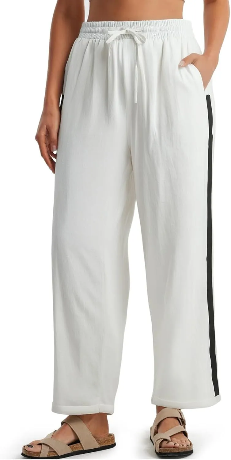 Wide Leg Cropped Pants for Women High Waisted Linen Palazzo Pants Drawstring Ankle Length Beach Pant with Pockets
