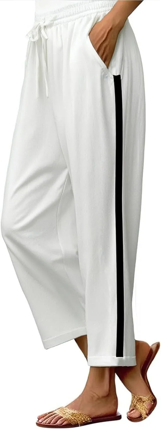 Wide Leg Cropped Pants for Women High Waisted Linen Palazzo Pants Drawstring Ankle Length Beach Pant with Pockets