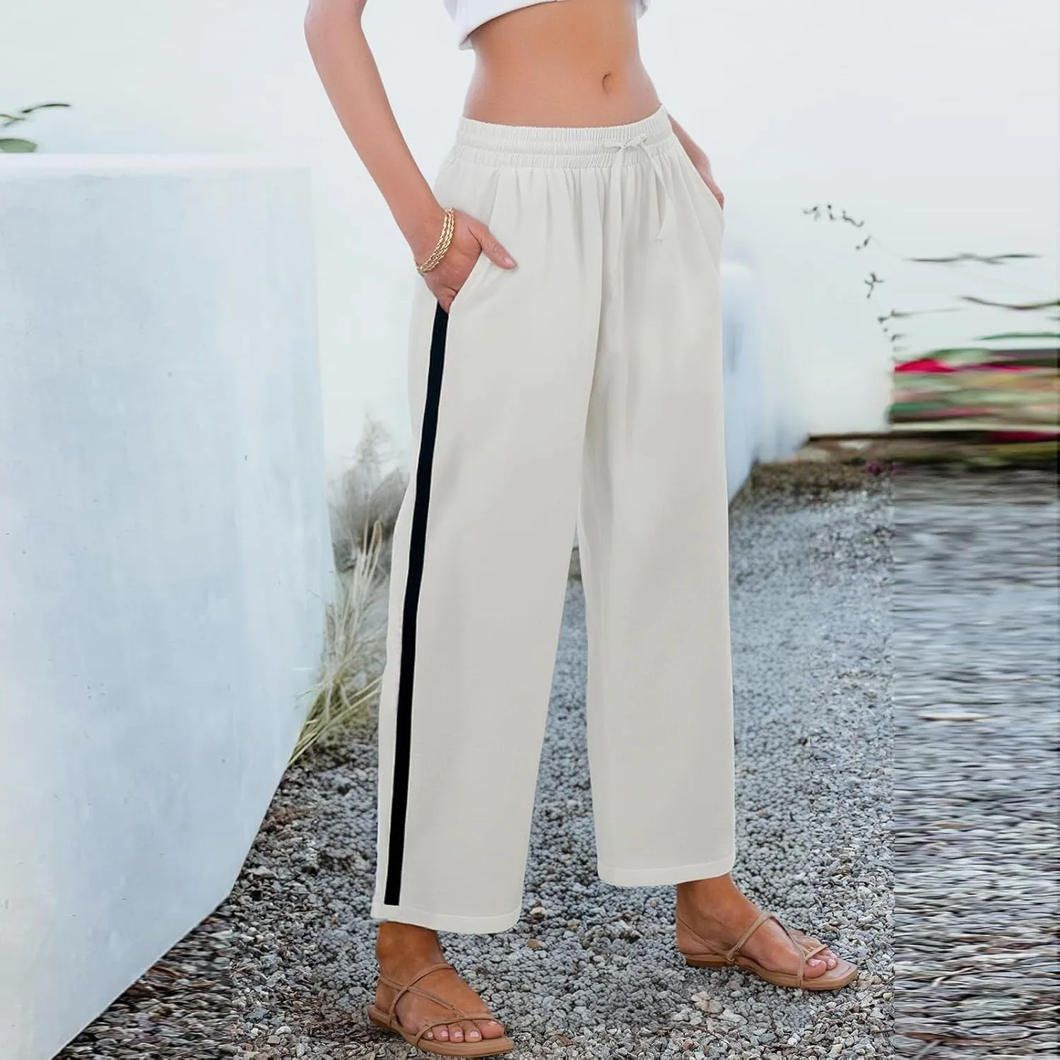 Wide Leg Cropped Pants for Women High Waisted Linen Palazzo Pants Drawstring Ankle Length Beach Pant with Pockets