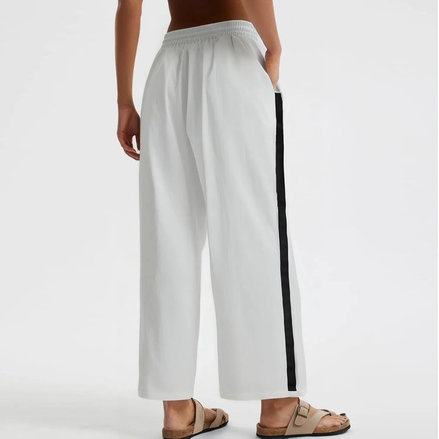 Wide Leg Cropped Pants for Women High Waisted Linen Palazzo Pants Drawstring Ankle Length Beach Pant with Pockets