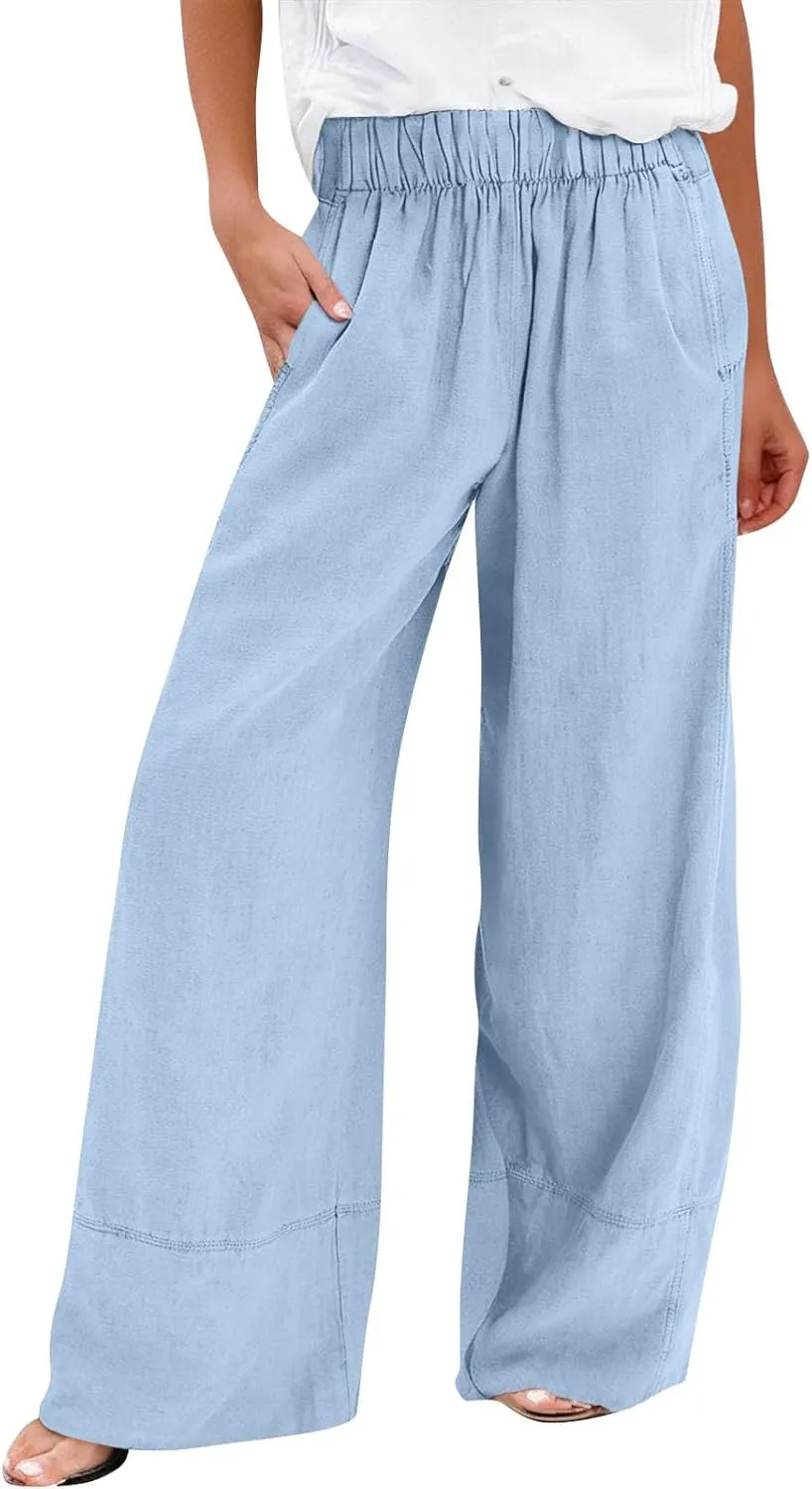Wide Leg Linen Pants for Women Casual Flowy Elastic Waist Palazzo Pants with Pockets Boho Lightweight Lounge
