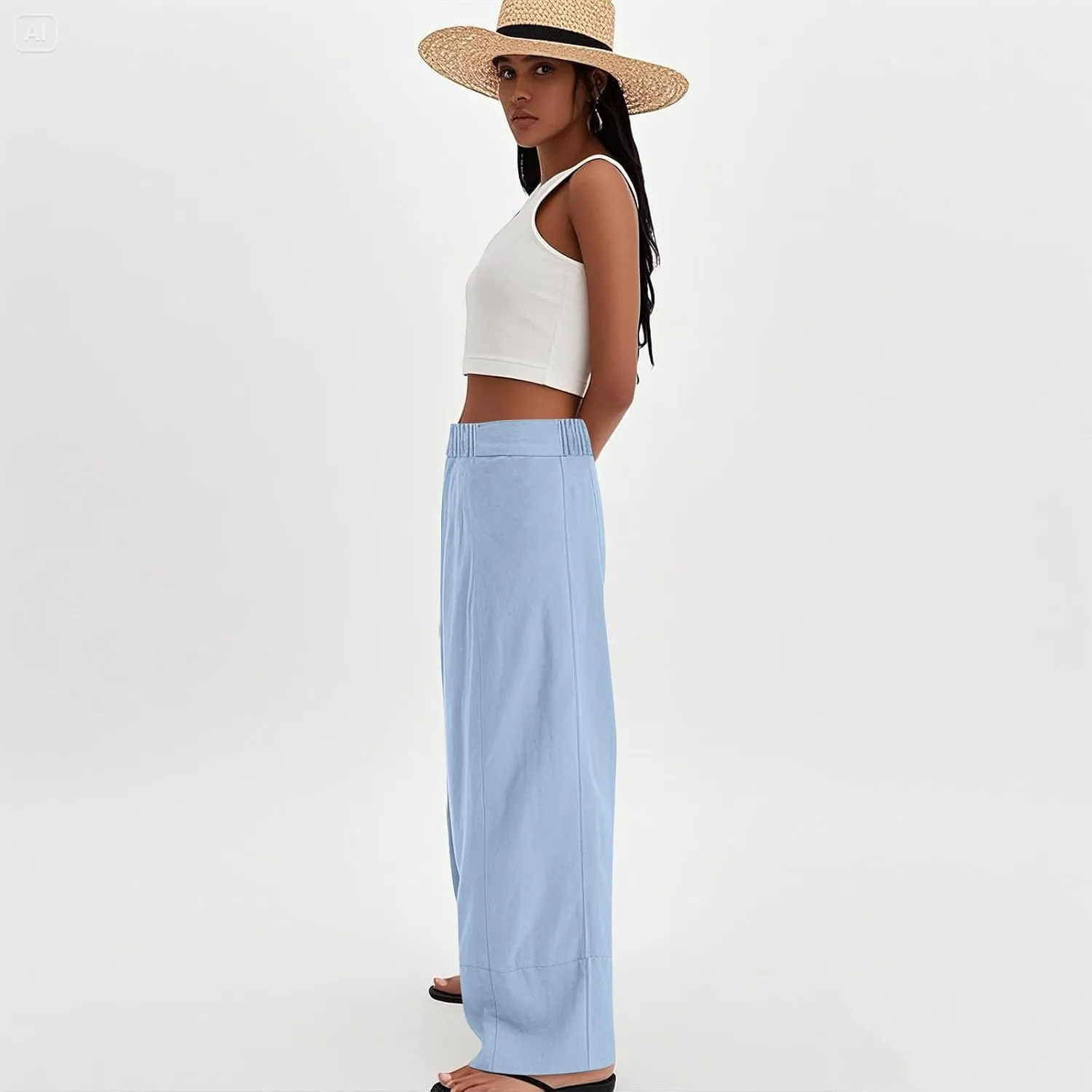 Wide Leg Linen Pants for Women Casual Flowy Elastic Waist Palazzo Pants with Pockets Boho Lightweight Lounge