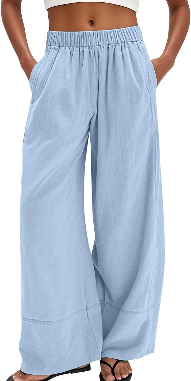 Wide Leg Linen Pants for Women Casual Flowy Elastic Waist Palazzo Pants with Pockets Boho Lightweight Lounge