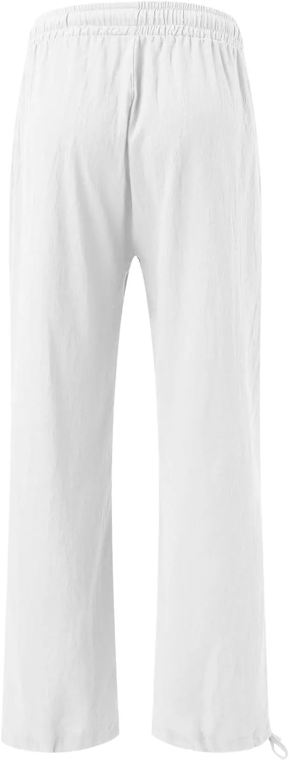 Wide Leg Linen Pants for Women Drawstring High Waisted Boho Palazzo Beach Pants Lightweight Loose Summer with Pockets