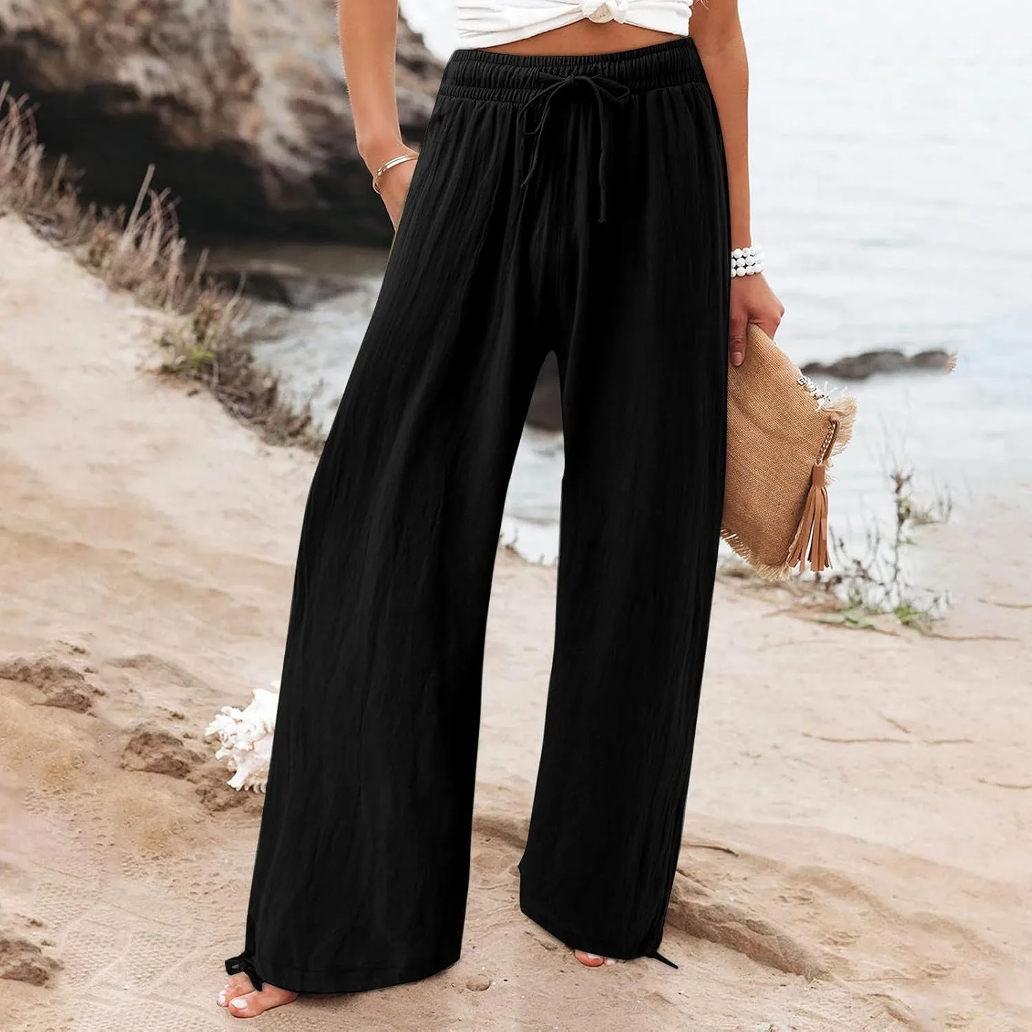 Wide Leg Linen Pants for Women Drawstring High Waisted Boho Palazzo Beach Pants Lightweight Loose Summer with Pockets