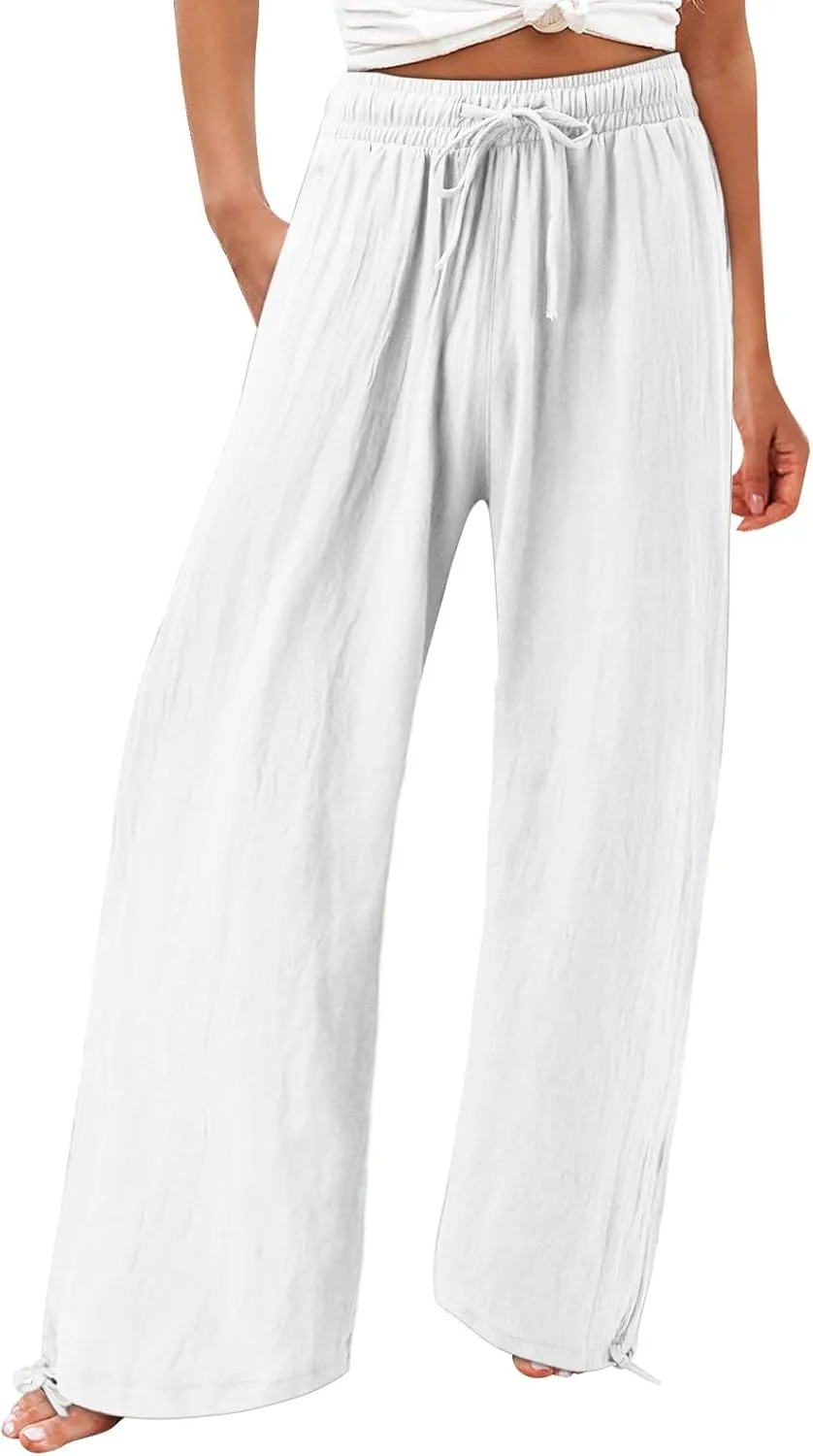 Wide Leg Linen Pants for Women Drawstring High Waisted Boho Palazzo Beach Pants Lightweight Loose Summer with Pockets
