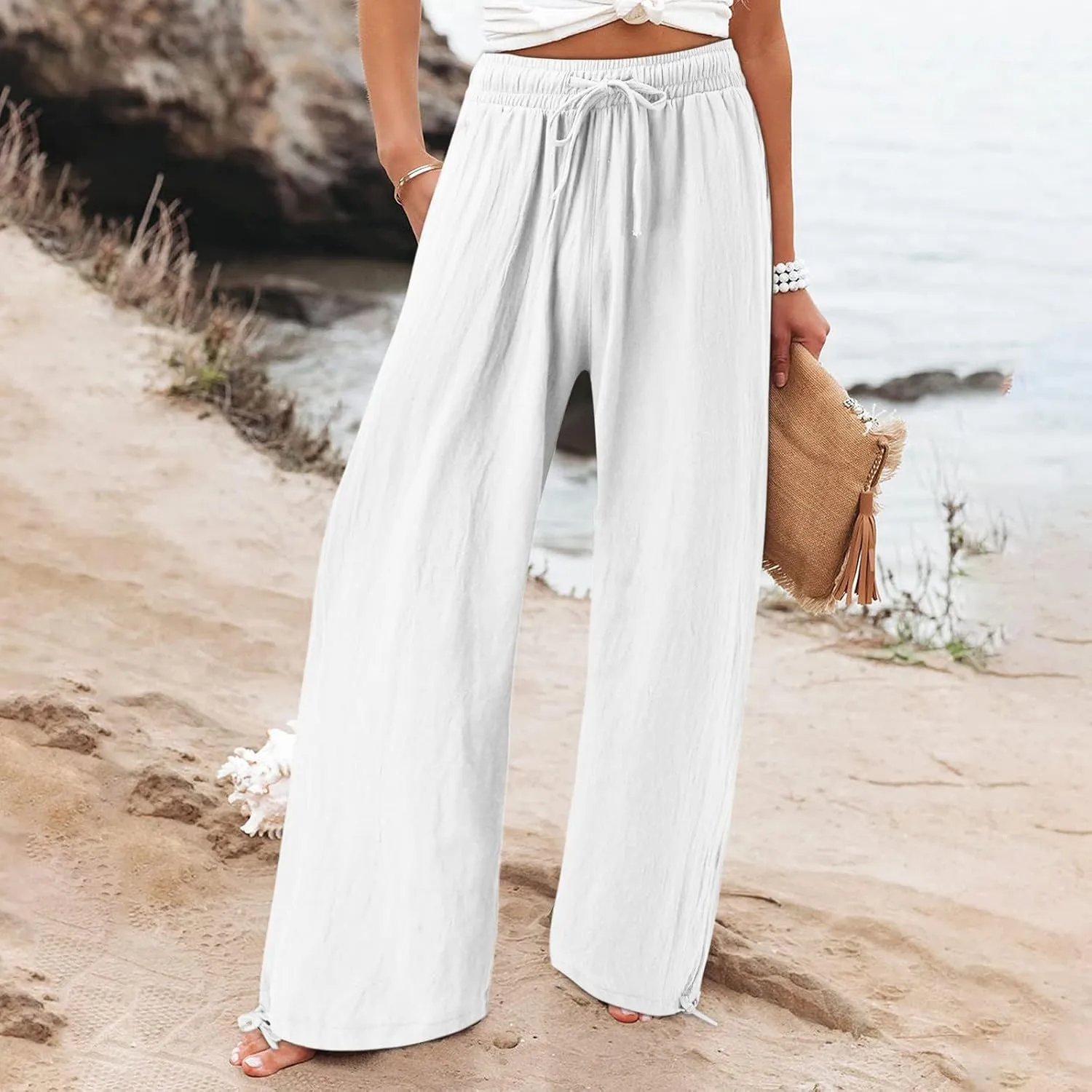 Wide Leg Linen Pants for Women Drawstring High Waisted Boho Palazzo Beach Pants Lightweight Loose Summer with Pockets