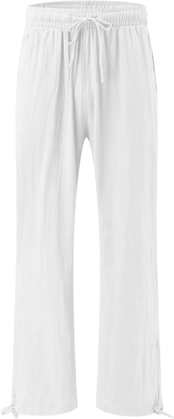 Wide Leg Linen Pants for Women Drawstring High Waisted Boho Palazzo Beach Pants Lightweight Loose Summer with Pockets