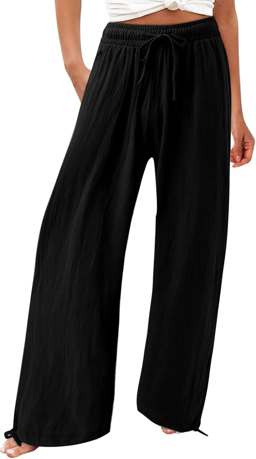 Wide Leg Linen Pants for Women Drawstring High Waisted Boho Palazzo Beach Pants Lightweight Loose Summer with Pockets