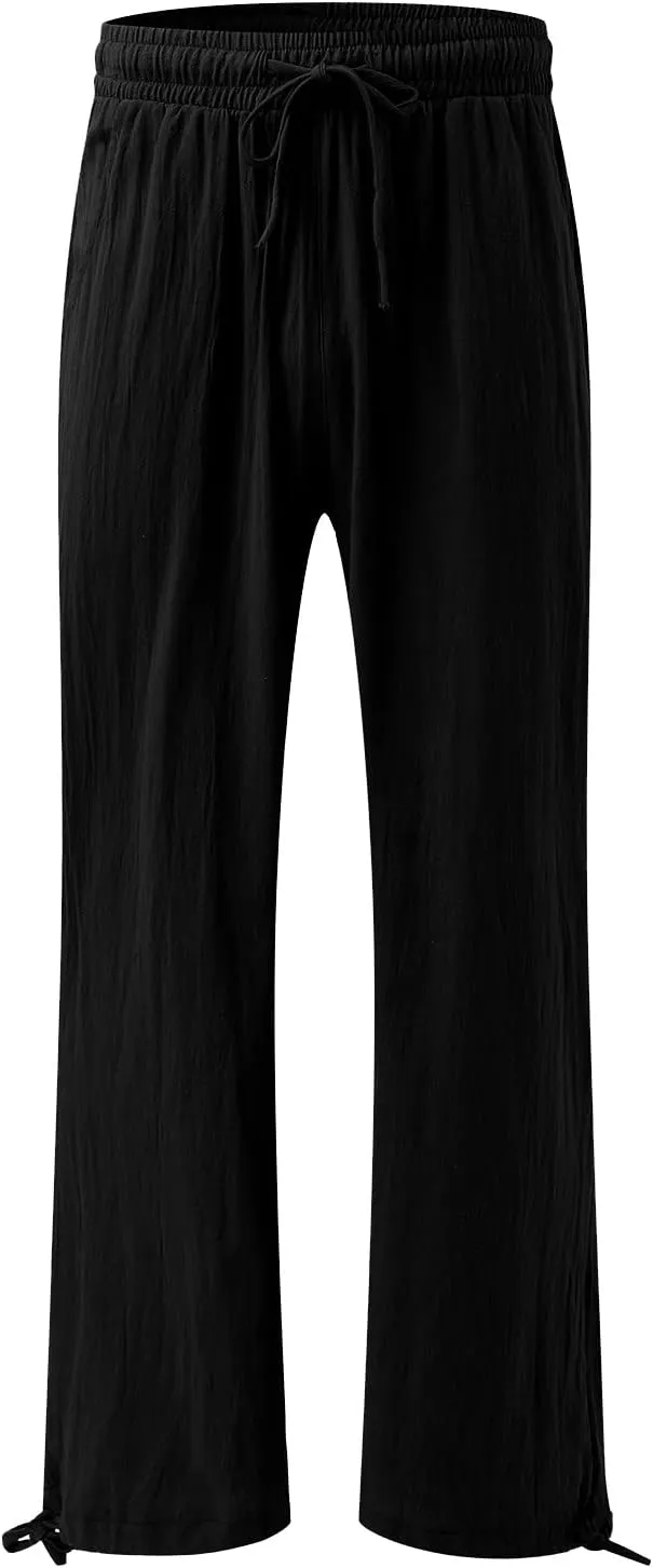 Wide Leg Linen Pants for Women Drawstring High Waisted Boho Palazzo Beach Pants Lightweight Loose Summer with Pockets