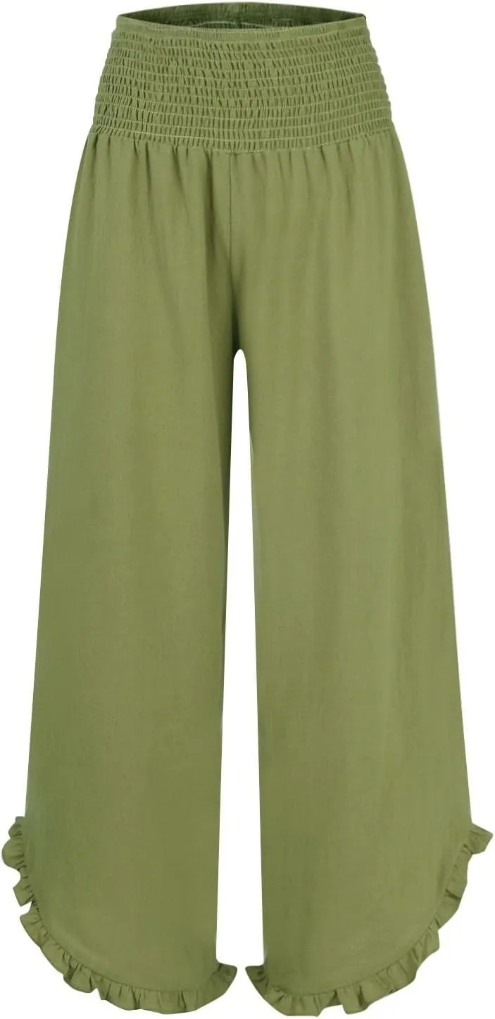 Wide Leg Pants for Women Linen Summer Elastic Waist Palazzo Pants High Waisted with Pockets Cropped Solid Trousers