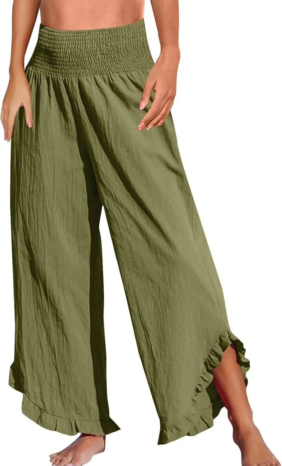 Wide Leg Pants for Women Linen Summer Elastic Waist Palazzo Pants High Waisted with Pockets Cropped Solid Trousers