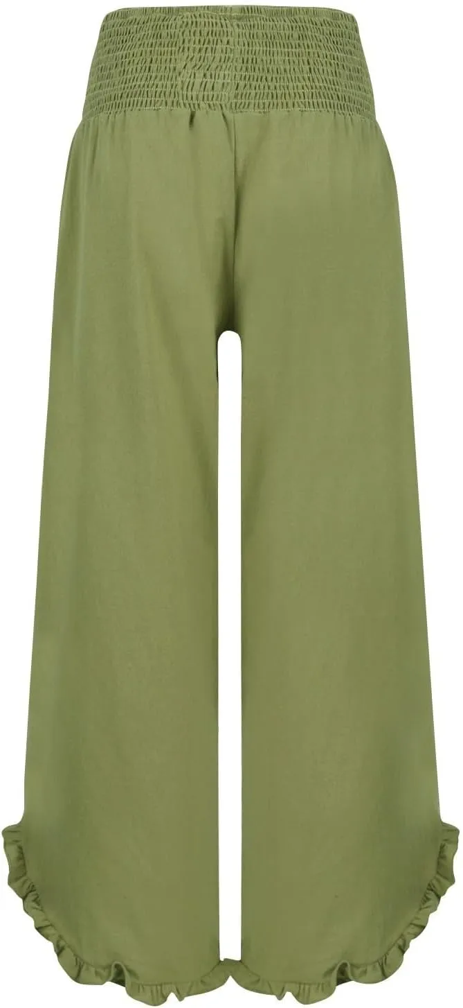 Wide Leg Pants for Women Linen Summer Elastic Waist Palazzo Pants High Waisted with Pockets Cropped Solid Trousers