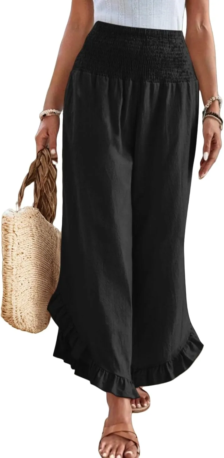 Wide Leg Pants Woman Casual Summer Smocked High Waisted Linen Pants Flowy Ruffle Hem Palazzo Pants with Pockets