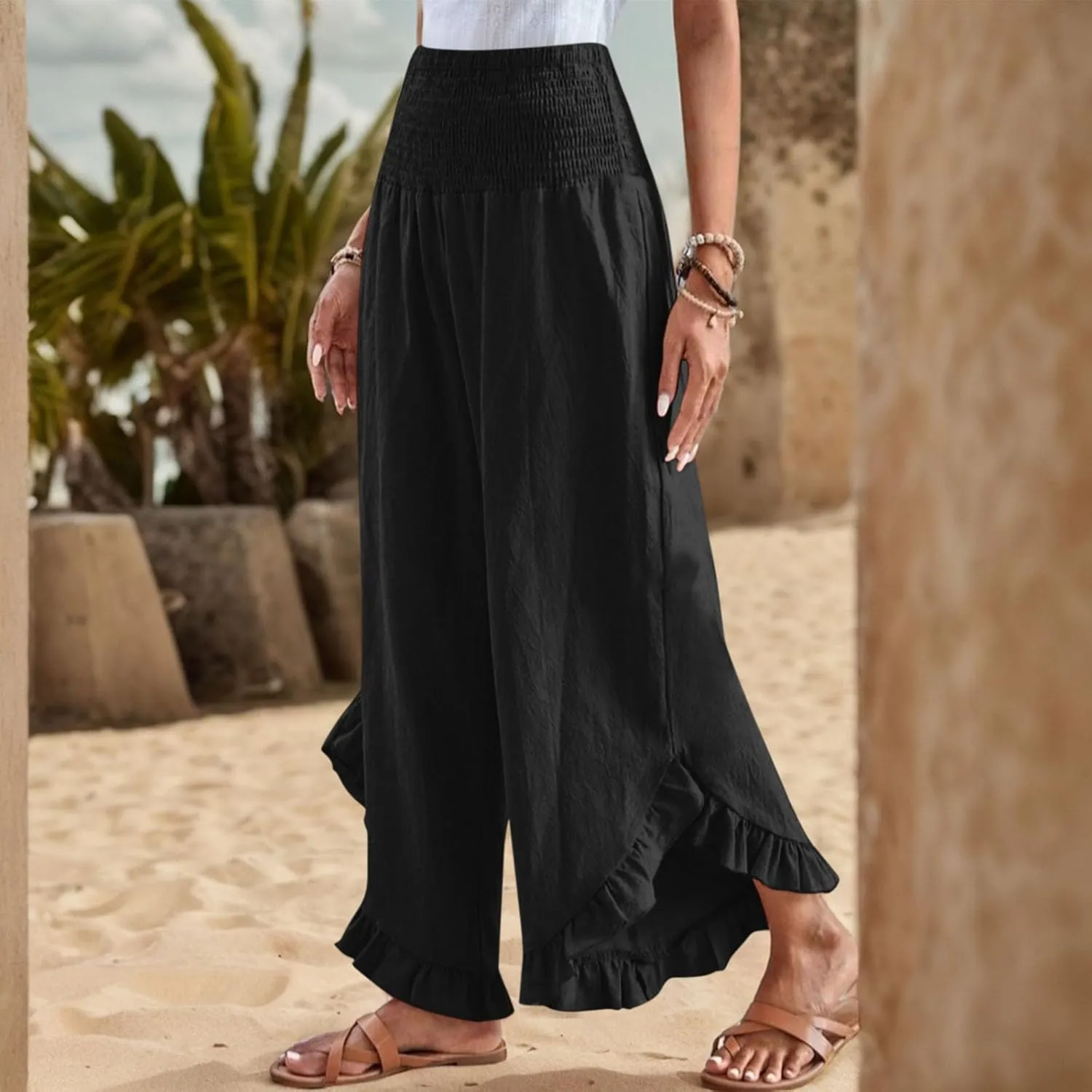 Wide Leg Pants Woman Casual Summer Smocked High Waisted Linen Pants Flowy Ruffle Hem Palazzo Pants with Pockets