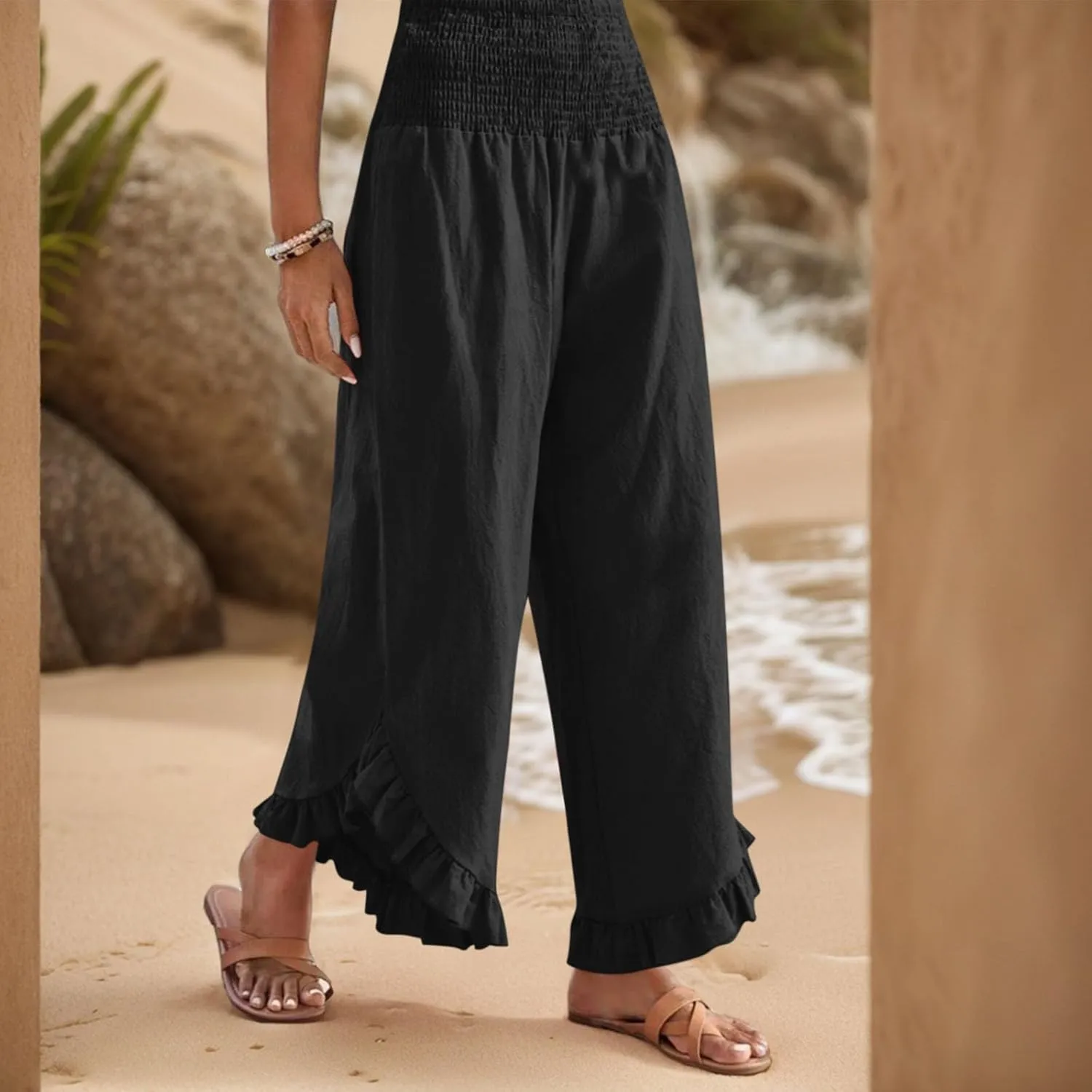 Wide Leg Pants Woman Casual Summer Smocked High Waisted Linen Pants Flowy Ruffle Hem Palazzo Pants with Pockets