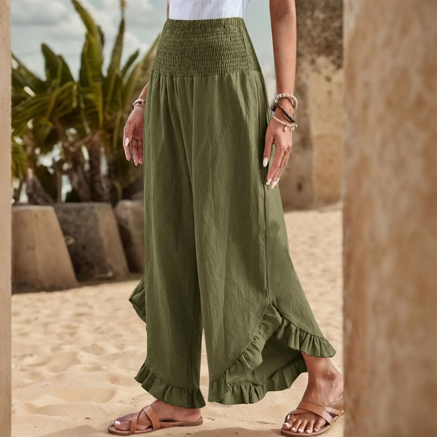 Wide Leg Pants Woman Casual Summer Smocked High Waisted Linen Pants Flowy Ruffle Hem Palazzo Pants with Pockets
