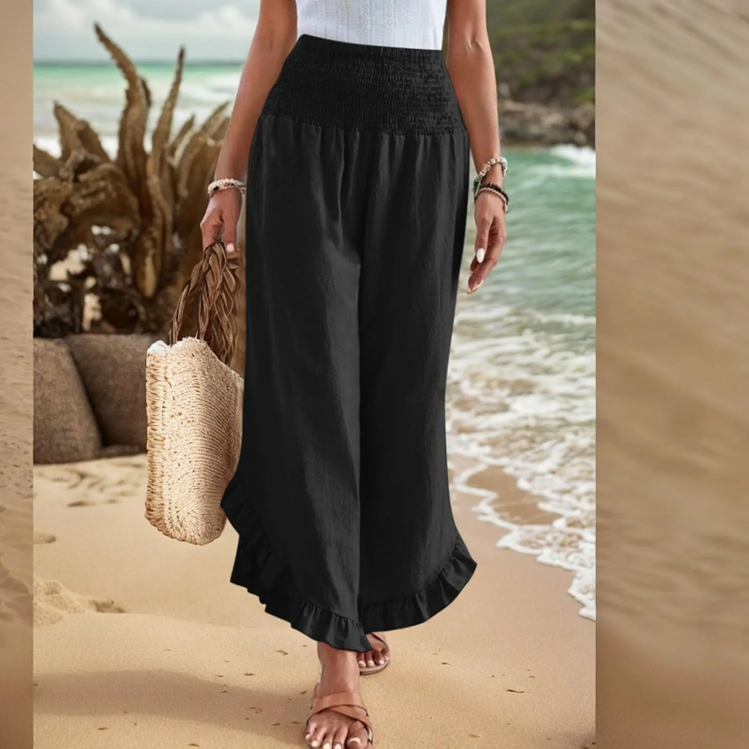 Wide Leg Pants Woman Casual Summer Smocked High Waisted Linen Pants Flowy Ruffle Hem Palazzo Pants with Pockets