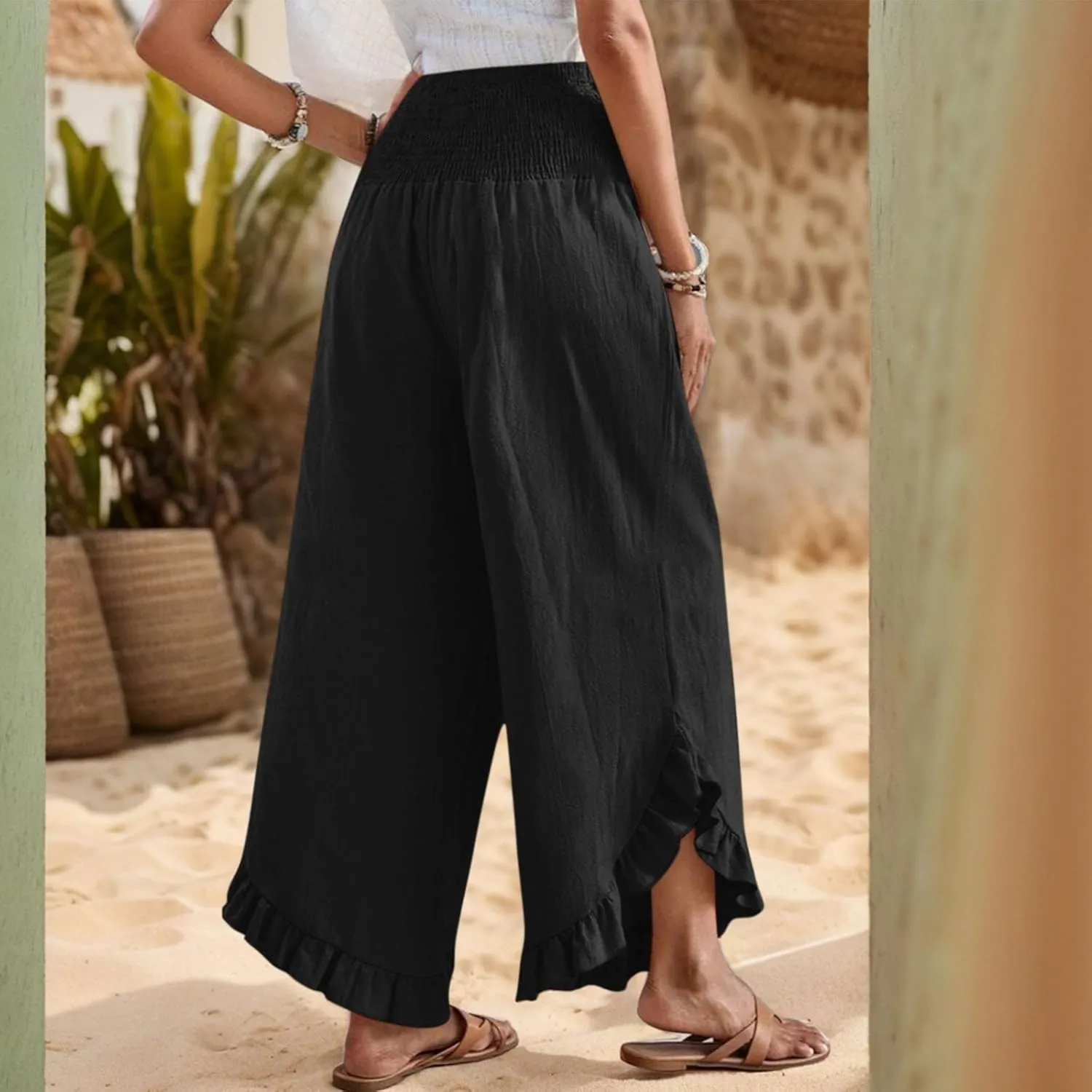 Wide Leg Pants Woman Casual Summer Smocked High Waisted Linen Pants Flowy Ruffle Hem Palazzo Pants with Pockets