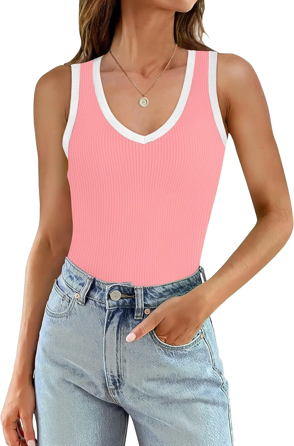 WIHOLL Womens Ribbed Tank Tops 2025 Summer V Neck Slim Fitted Tops Casual Basic Knit Sleeveless Shirts