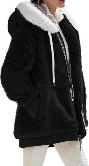 Winter Jackets for Women Fuzzy Fleece Jacket Hooded Color Block Patchwork Cardigan Coats Soft Shaggy Warm Outerwear