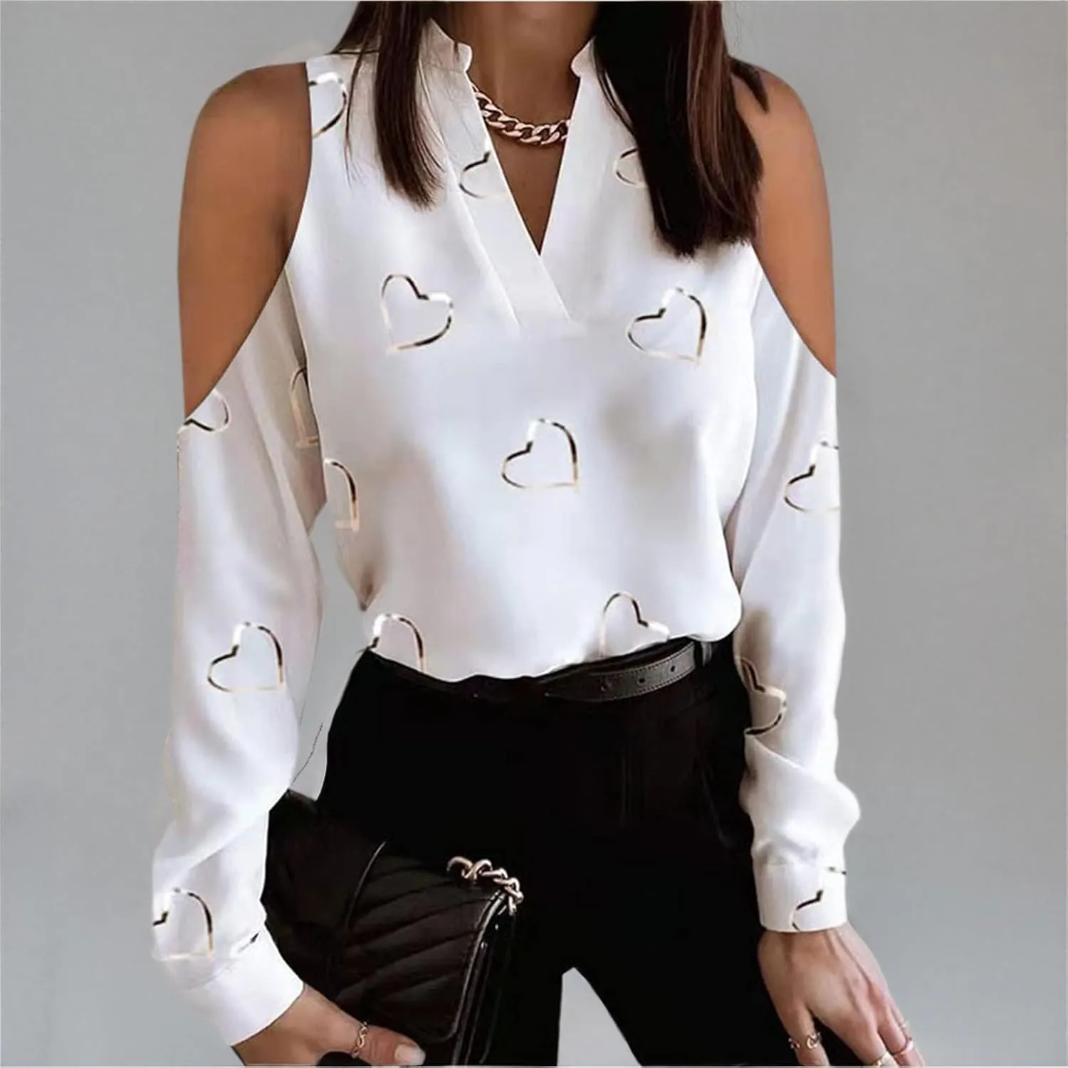 Women 2022 Fashion Cold Shoulder Tops Graphic Printed Long Sleeve Notch V Neck Pullover Shirts Casual Loose Blouses