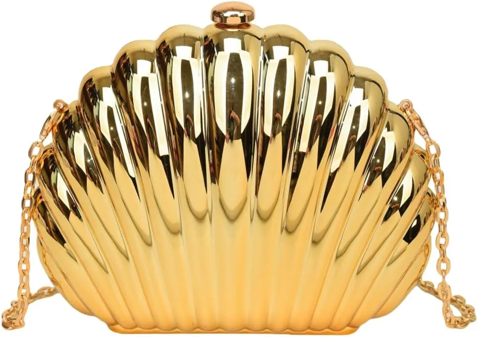 Women Acrylic Metallic Shoulder Bag Seashell Crossbody Bag Detachable Chain Evening Bag for Wedding Cocktail Party P