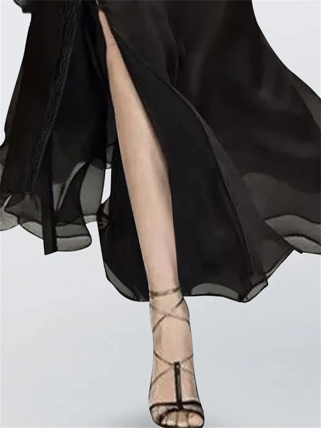 Women Black A-Line Chiffon Office Skirt Slim Fit High Waisted Slit and Flowing Tulle Skirts