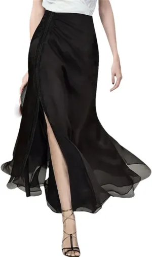 Women Black A-Line Chiffon Office Skirt Slim Fit High Waisted Slit and Flowing Tulle Skirts