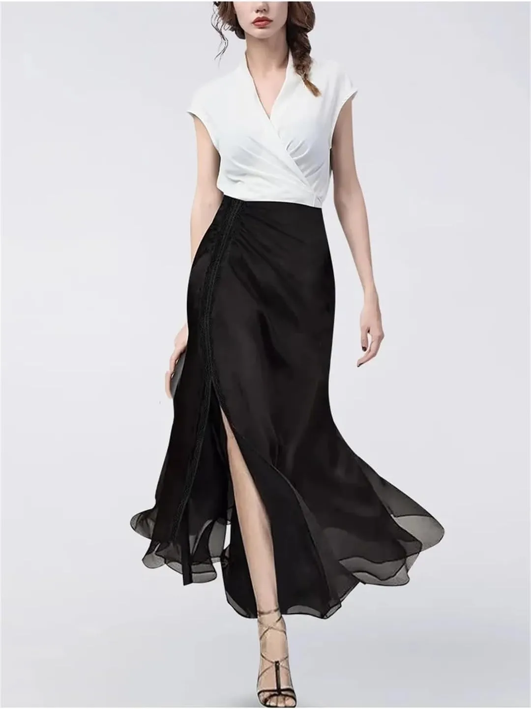 Women Black A-Line Chiffon Office Skirt Slim Fit High Waisted Slit and Flowing Tulle Skirts