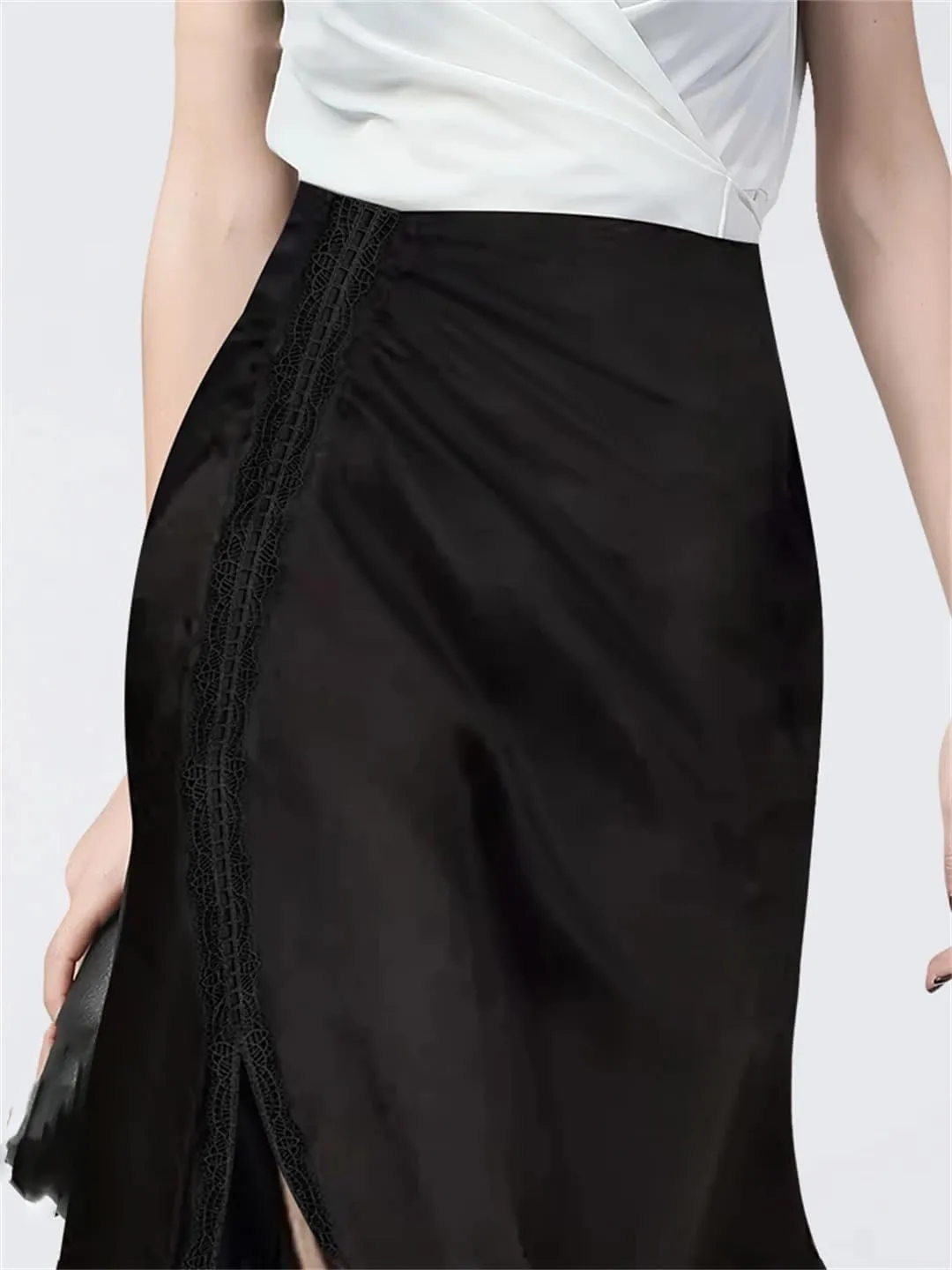 Women Black A-Line Chiffon Office Skirt Slim Fit High Waisted Slit and Flowing Tulle Skirts