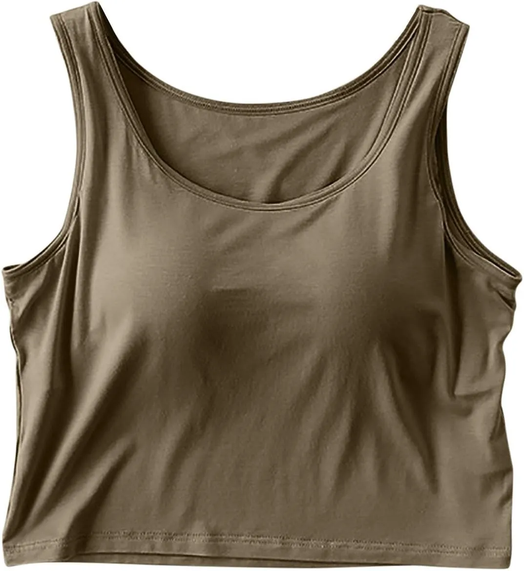 Women Built in Bra Cropped Tank Tops Sleeveless Athletic Yoga Camisole Soft Modal Padded Sports Shirts Vest