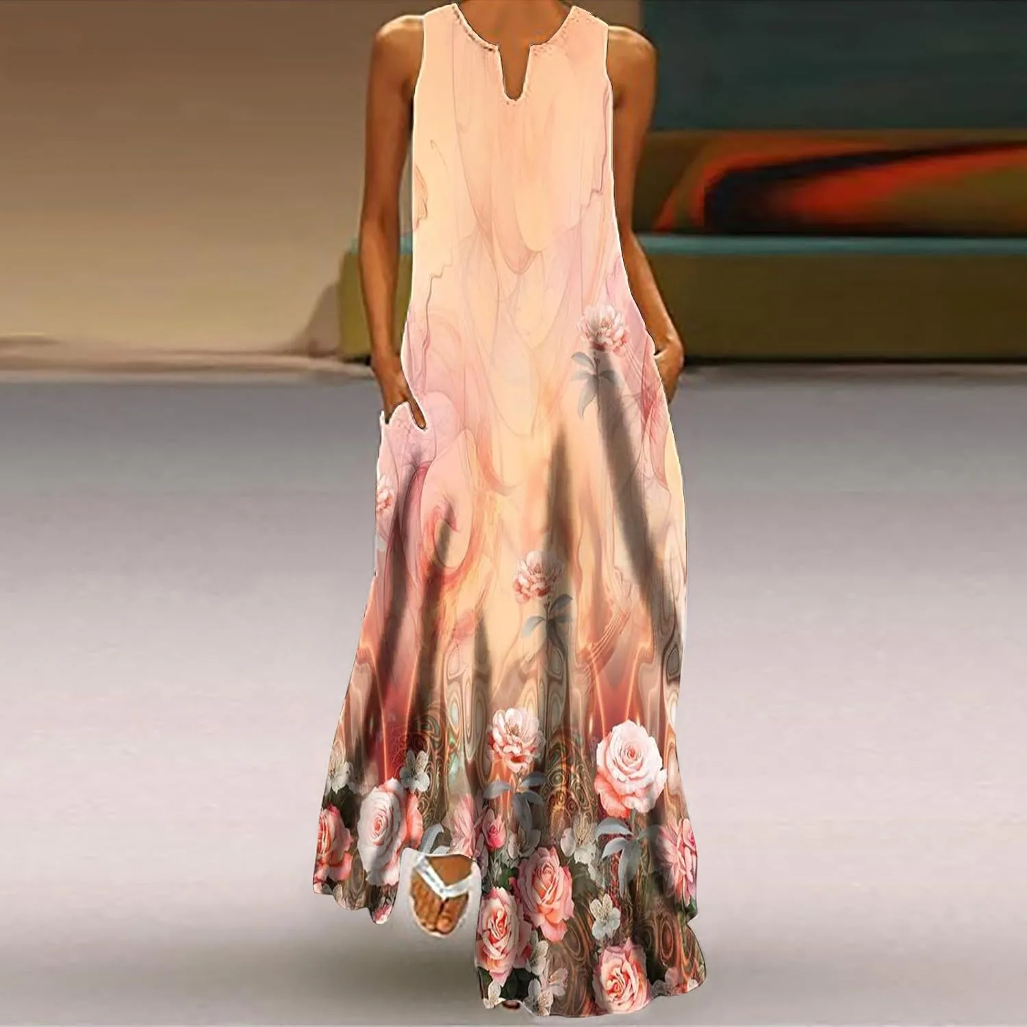 Women Casual Loose Printed Tank Dress Summer Beach V-Neck Pocket Sundress Loose Sleeveless Vacation Long Dress
