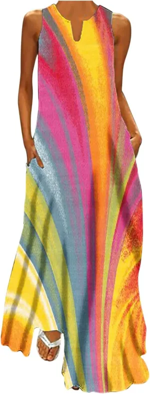 Women Casual Loose Printed Tank Dress Summer Beach V-Neck Pocket Sundress Loose Sleeveless Vacation Long Dress