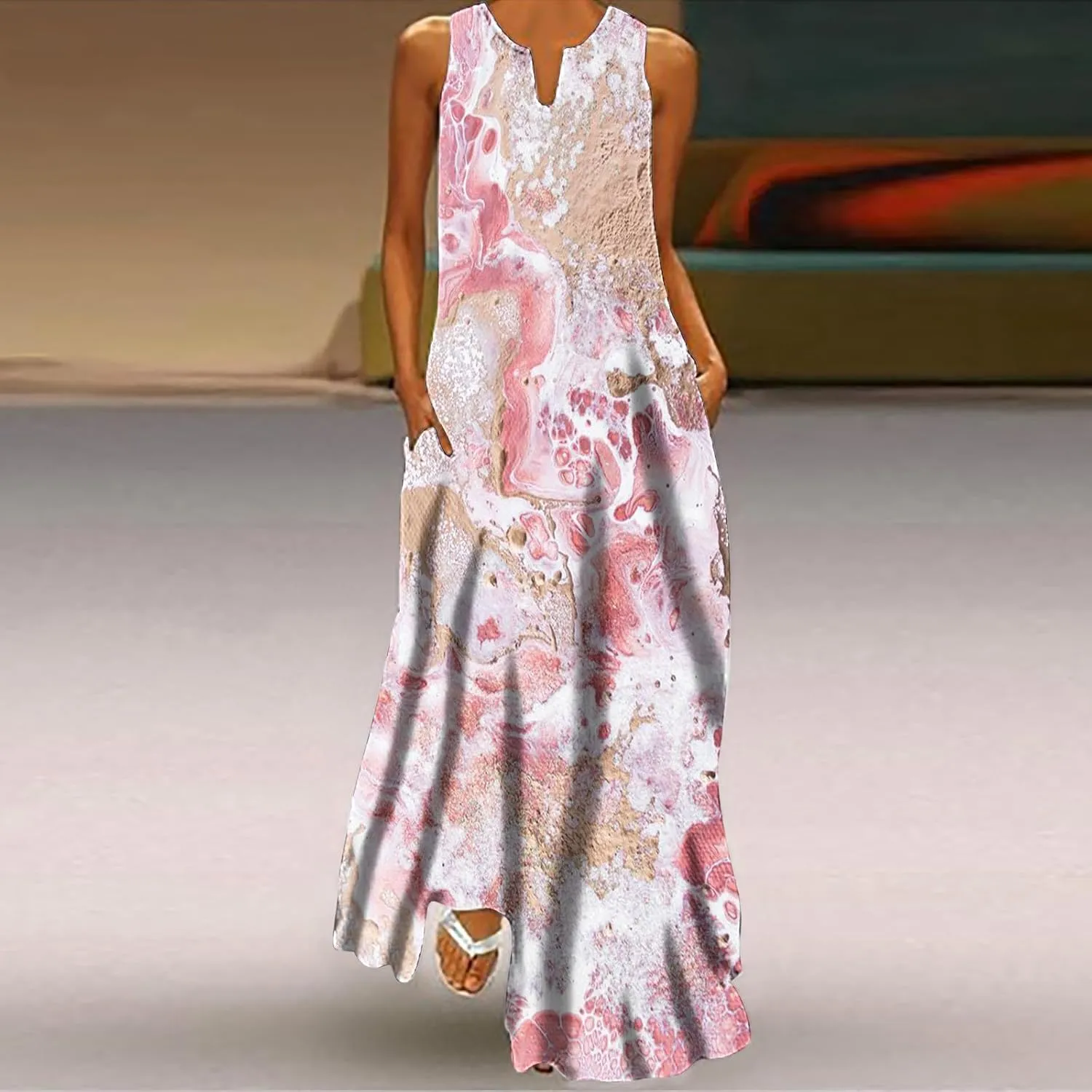 Women Casual Loose Printed Tank Dress Summer Beach V-Neck Pocket Sundress Loose Sleeveless Vacation Long Dress
