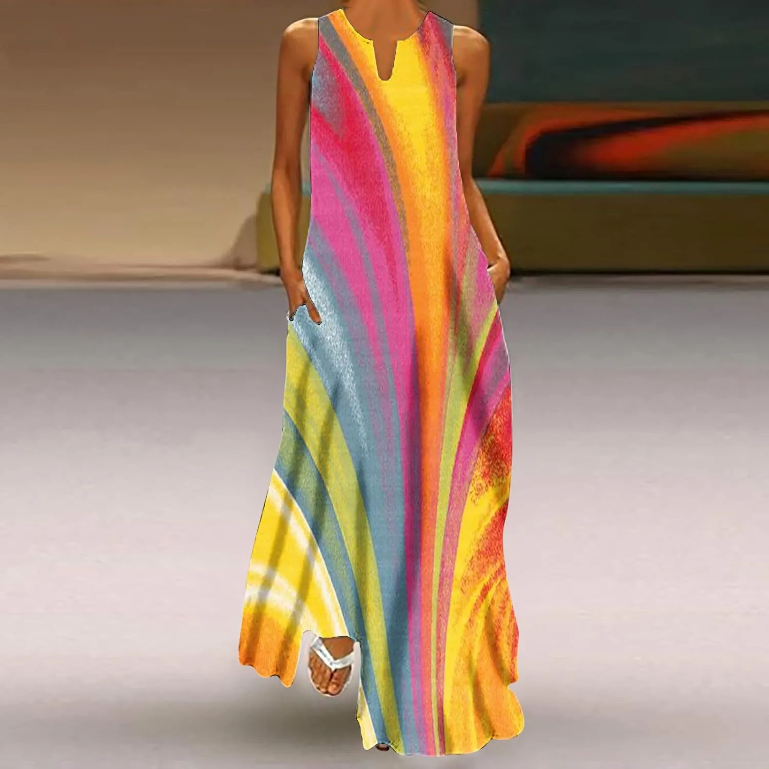 Women Casual Loose Printed Tank Dress Summer Beach V-Neck Pocket Sundress Loose Sleeveless Vacation Long Dress