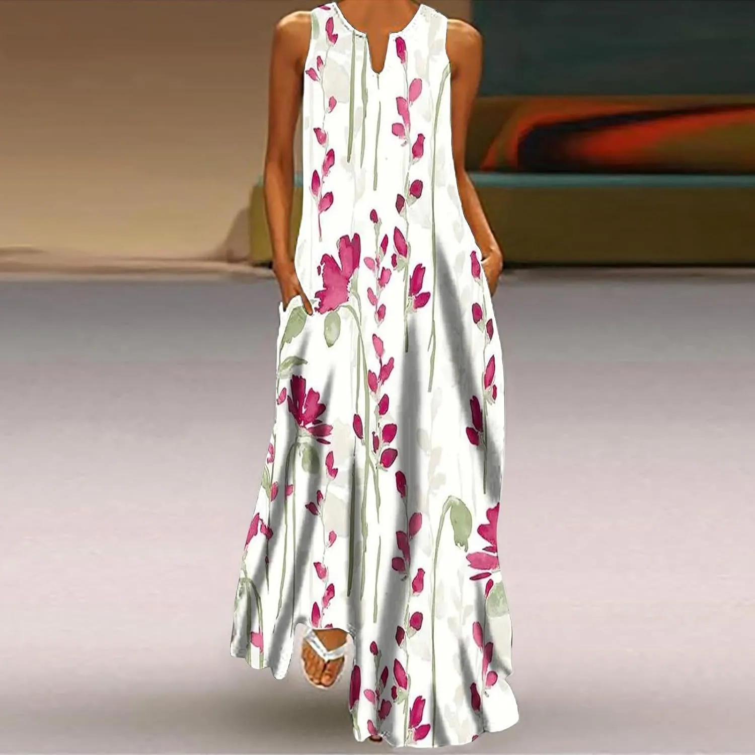Women Casual Loose Printed Tank Dress Summer Beach V-Neck Pocket Sundress Loose Sleeveless Vacation Long Dress