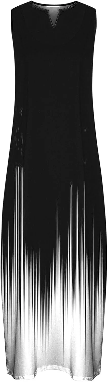 Women Casual Loose Printed Tank Dress Summer Beach V-Neck Pocket Sundress Loose Sleeveless Vacation Long Dress