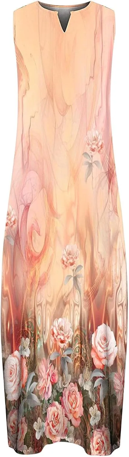 Women Casual Loose Printed Tank Dress Summer Beach V-Neck Pocket Sundress Loose Sleeveless Vacation Long Dress
