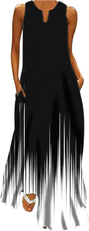 Women Casual Loose Printed Tank Dress Summer Beach V-Neck Pocket Sundress Loose Sleeveless Vacation Long Dress