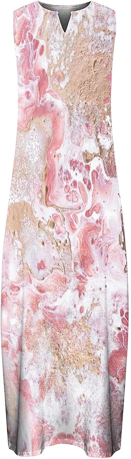 Women Casual Loose Printed Tank Dress Summer Beach V-Neck Pocket Sundress Loose Sleeveless Vacation Long Dress