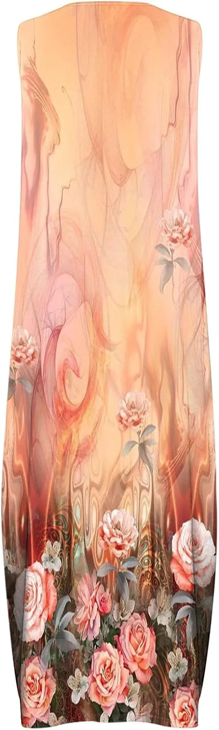 Women Casual Loose Printed Tank Dress Summer Beach V-Neck Pocket Sundress Loose Sleeveless Vacation Long Dress