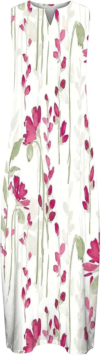 Women Casual Loose Printed Tank Dress Summer Beach V-Neck Pocket Sundress Loose Sleeveless Vacation Long Dress