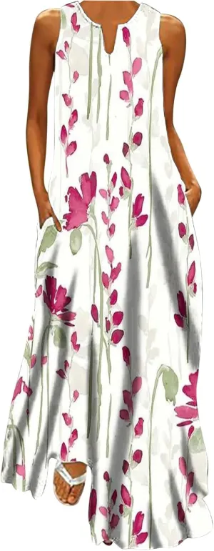 Women Casual Loose Printed Tank Dress Summer Beach V-Neck Pocket Sundress Loose Sleeveless Vacation Long Dress