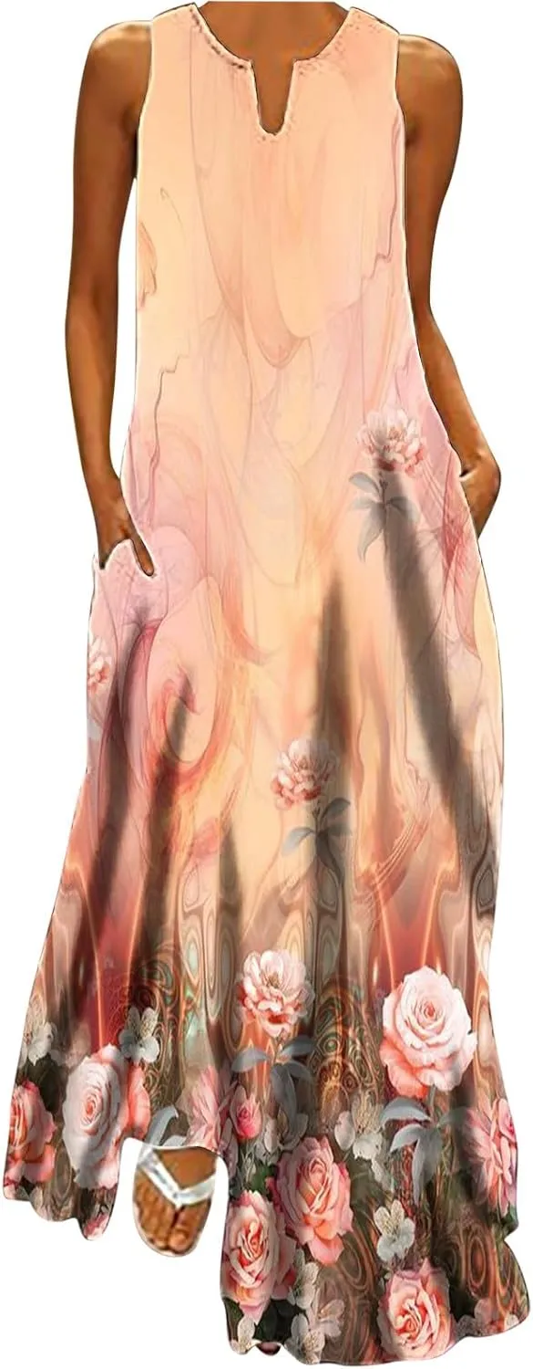 Women Casual Loose Printed Tank Dress Summer Beach V-Neck Pocket Sundress Loose Sleeveless Vacation Long Dress