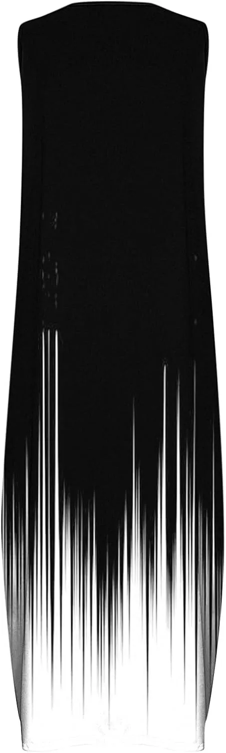 Women Casual Loose Printed Tank Dress Summer Beach V-Neck Pocket Sundress Loose Sleeveless Vacation Long Dress