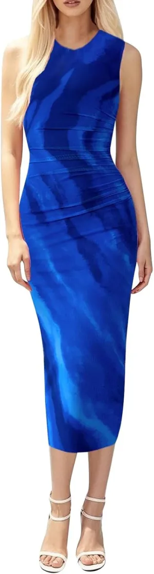 Women Casual Summer Dresses 2025 Floral Printed Bodycon Dress Sleeveless Crewneck Elegant Midi Dress