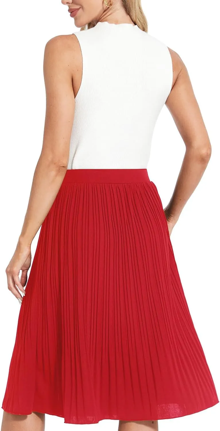 Women Classic Chiffon Flowy Pleated Midi Skirts