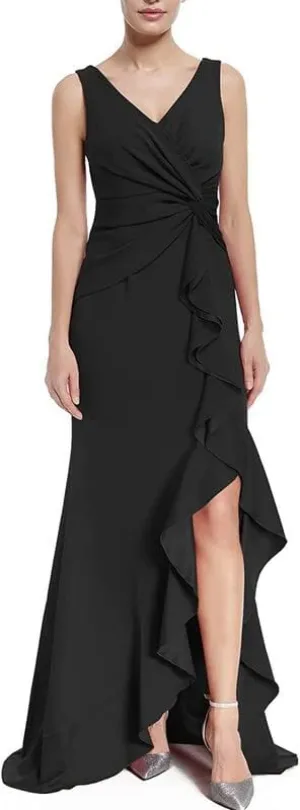 Women Elegant V Neck Slit Sleeveless Long Formal Dresses Wrap Evening Gown